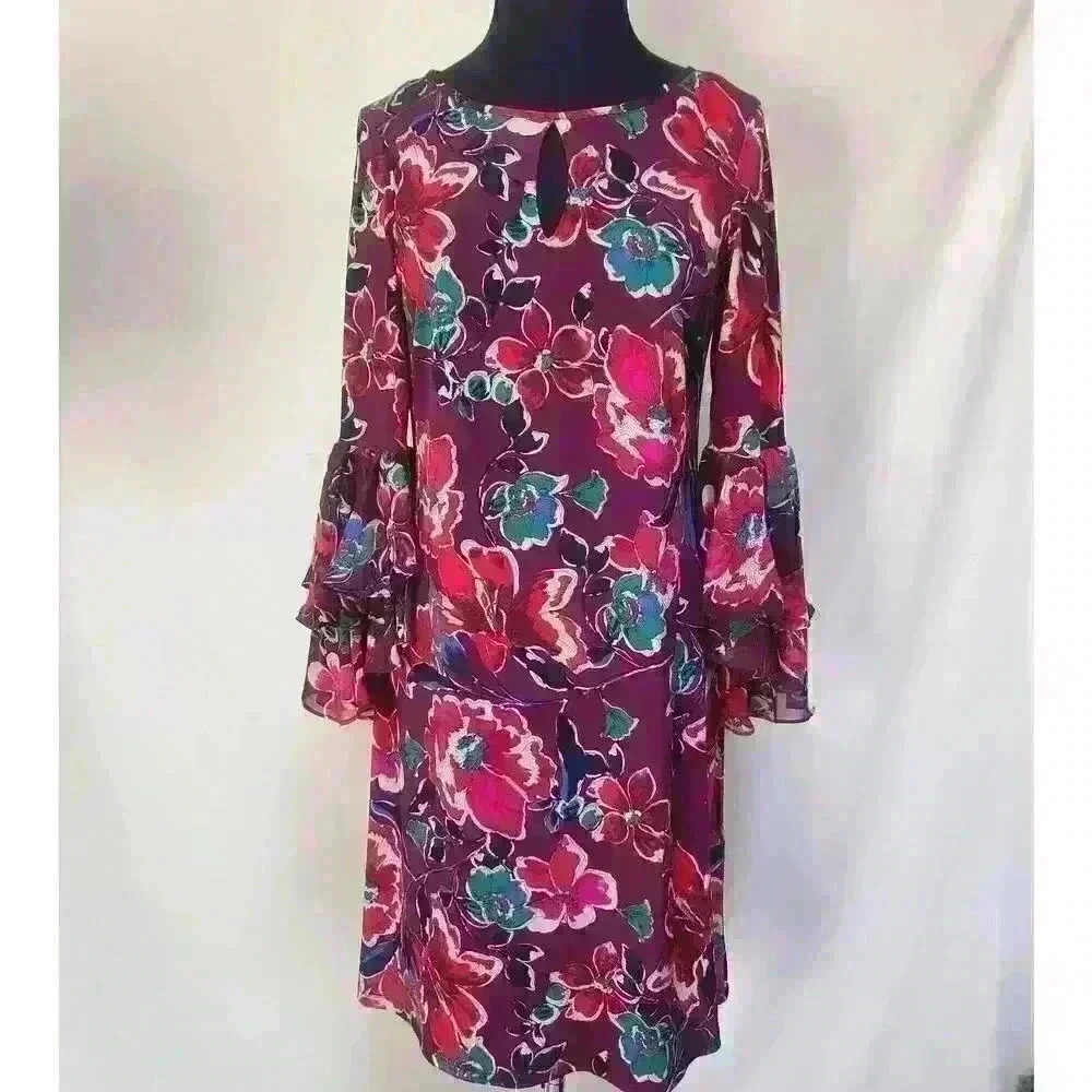 Roz & Ali Small Multi-Colored Floral Knit Dress Long Sleeves Chiffon Flutter